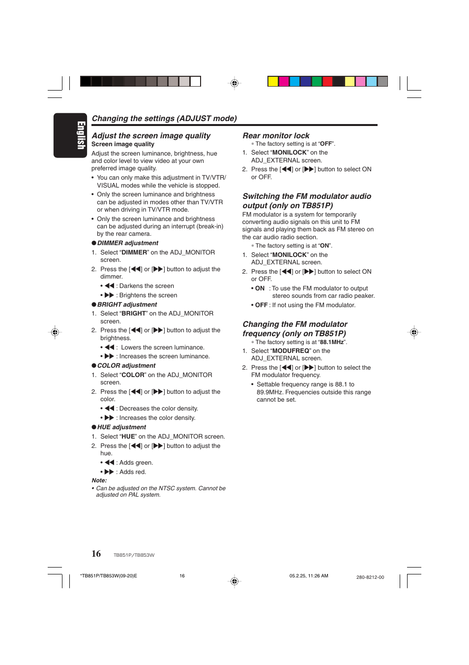 English, Rear monitor lock | Clarion TB851P User Manual | Page 14 / 27