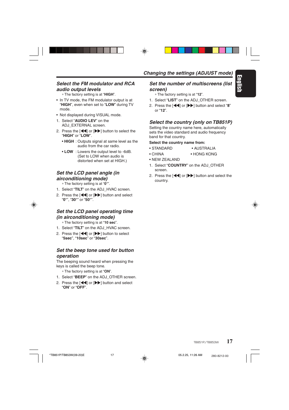 17 english, Set the lcd panel angle (in airconditioning mode), Set the beep tone used for button operation | Set the number of multiscreens (list screen), Select the country (only on tb851p) | Clarion TB851P User Manual | Page 15 / 27