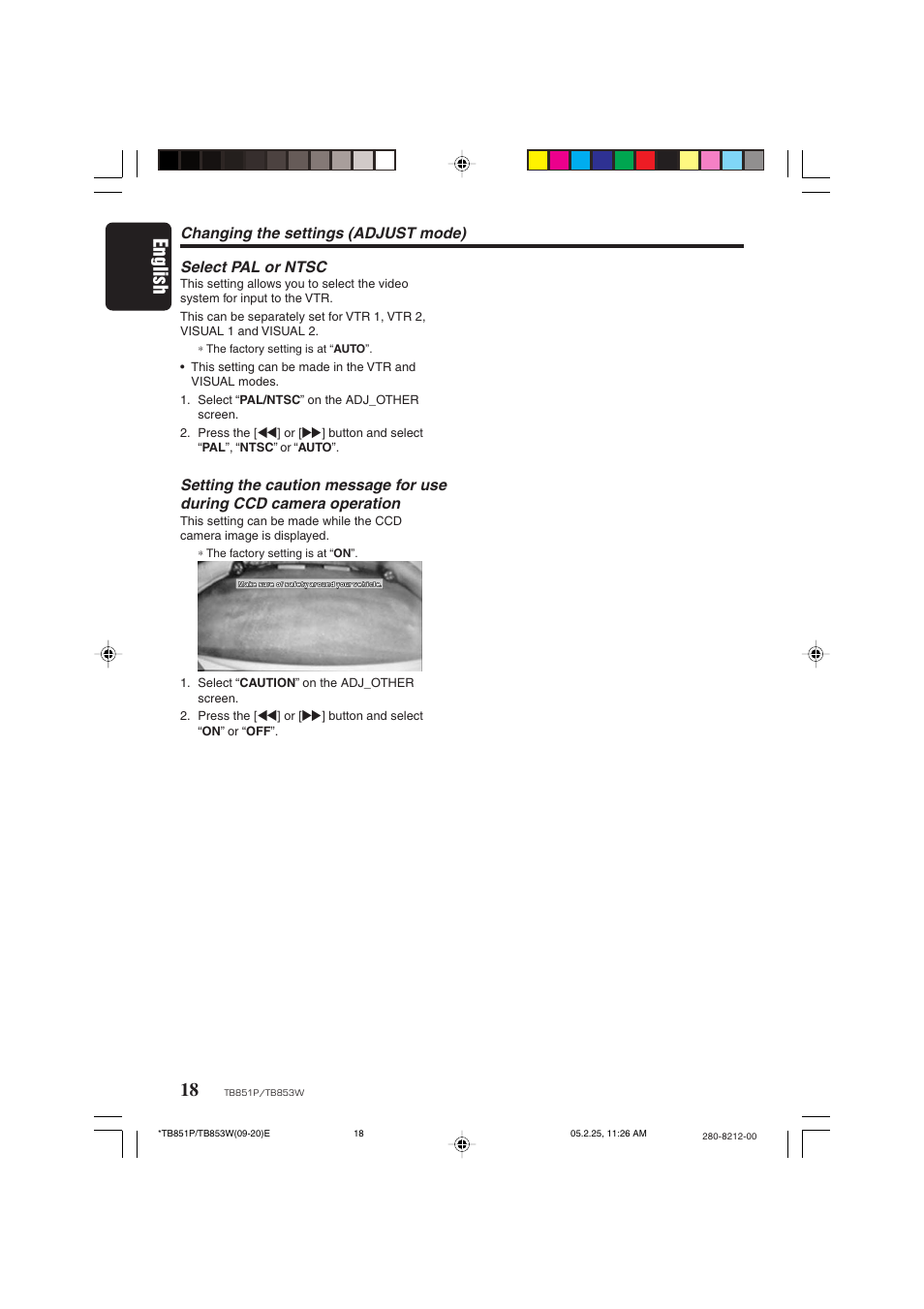 English, Select pal or ntsc, Changing the settings (adjust mode) | Clarion TB851P User Manual | Page 16 / 27