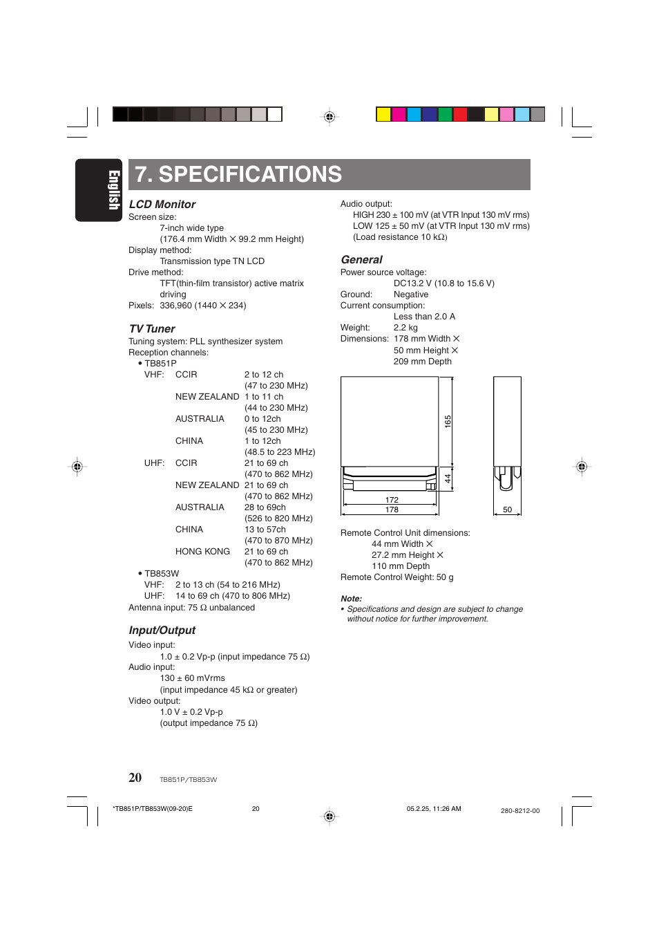 Specifications, English, Lcd monitor | Tv tuner, Input/output, General | Clarion TB851P User Manual | Page 18 / 27