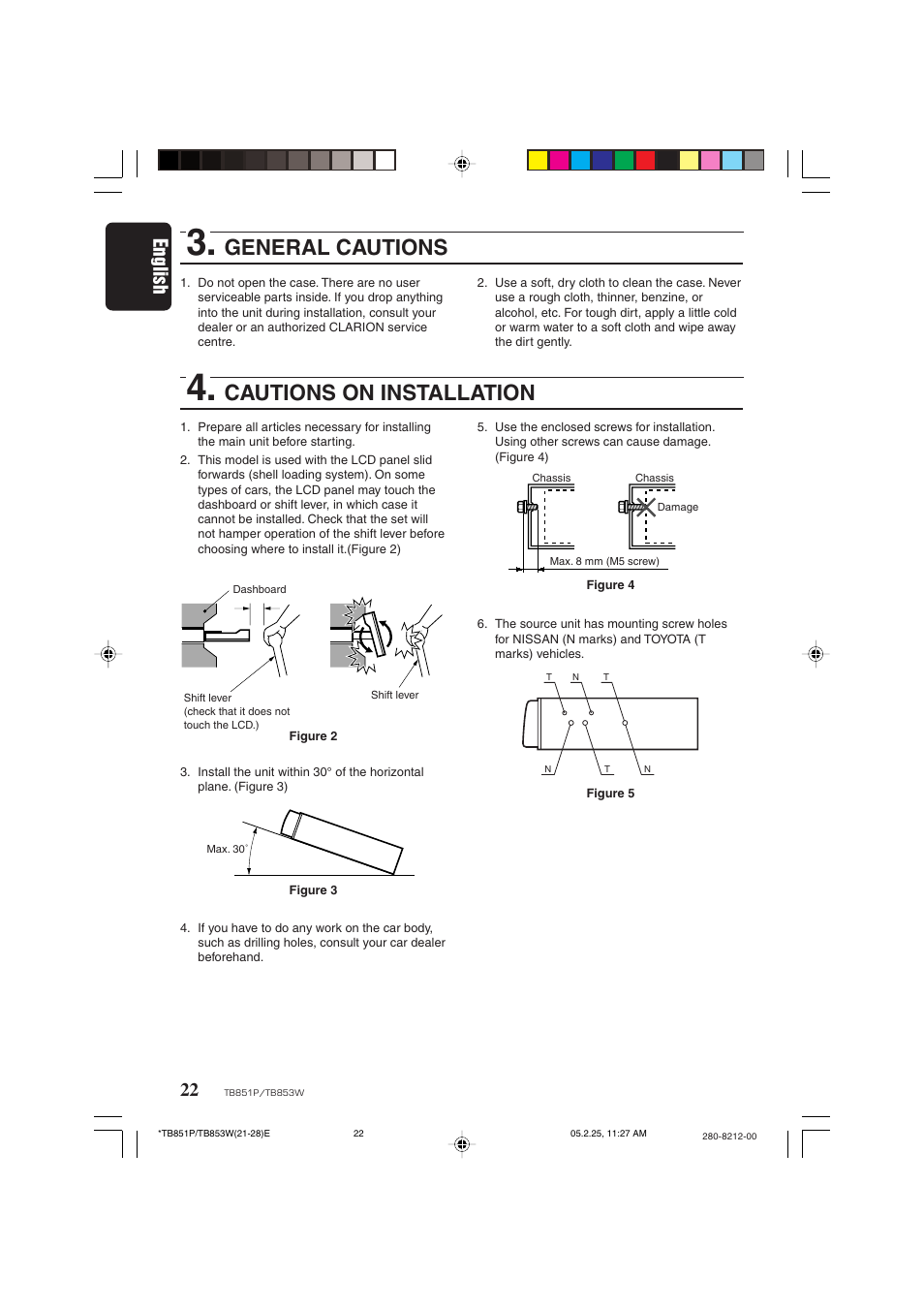 General cautions, Cautions on installation, English | Clarion TB851P User Manual | Page 20 / 27