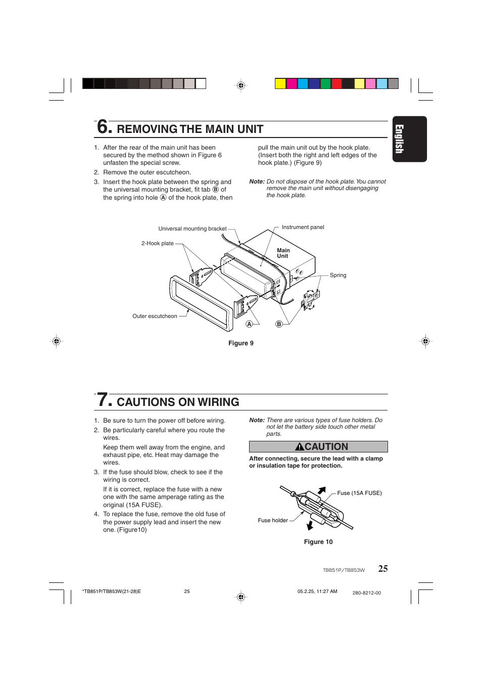 Removing the main unit, Cautions on wiring, 25 english | Caution | Clarion TB851P User Manual | Page 23 / 27