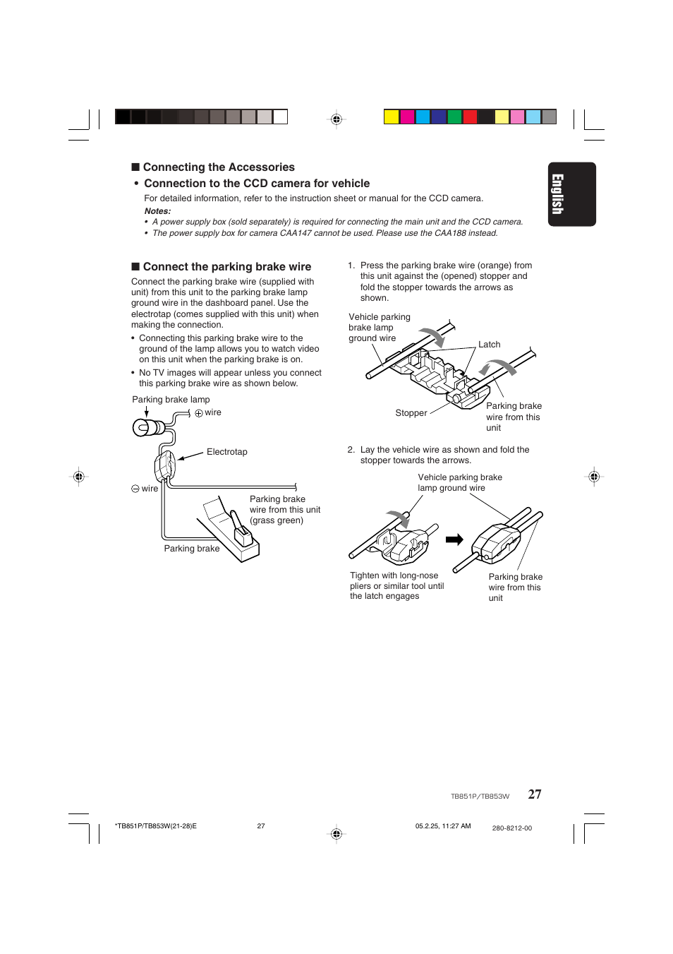 27 english, Connect the parking brake wire | Clarion TB851P User Manual | Page 25 / 27