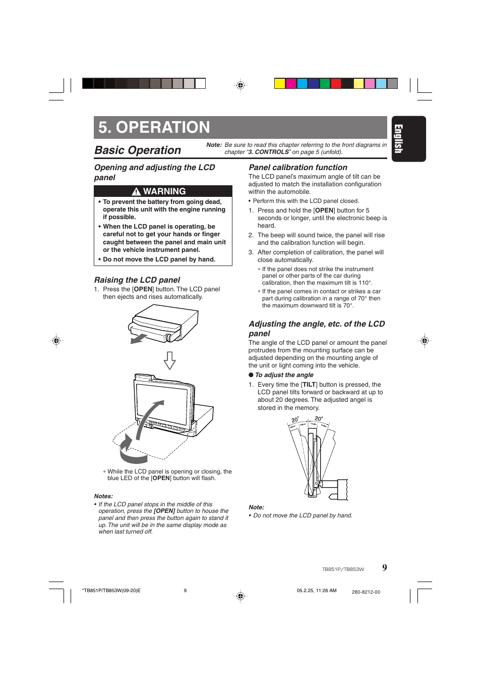Operation, Basic operation, 9english | Warning | Clarion TB851P User Manual | Page 7 / 27