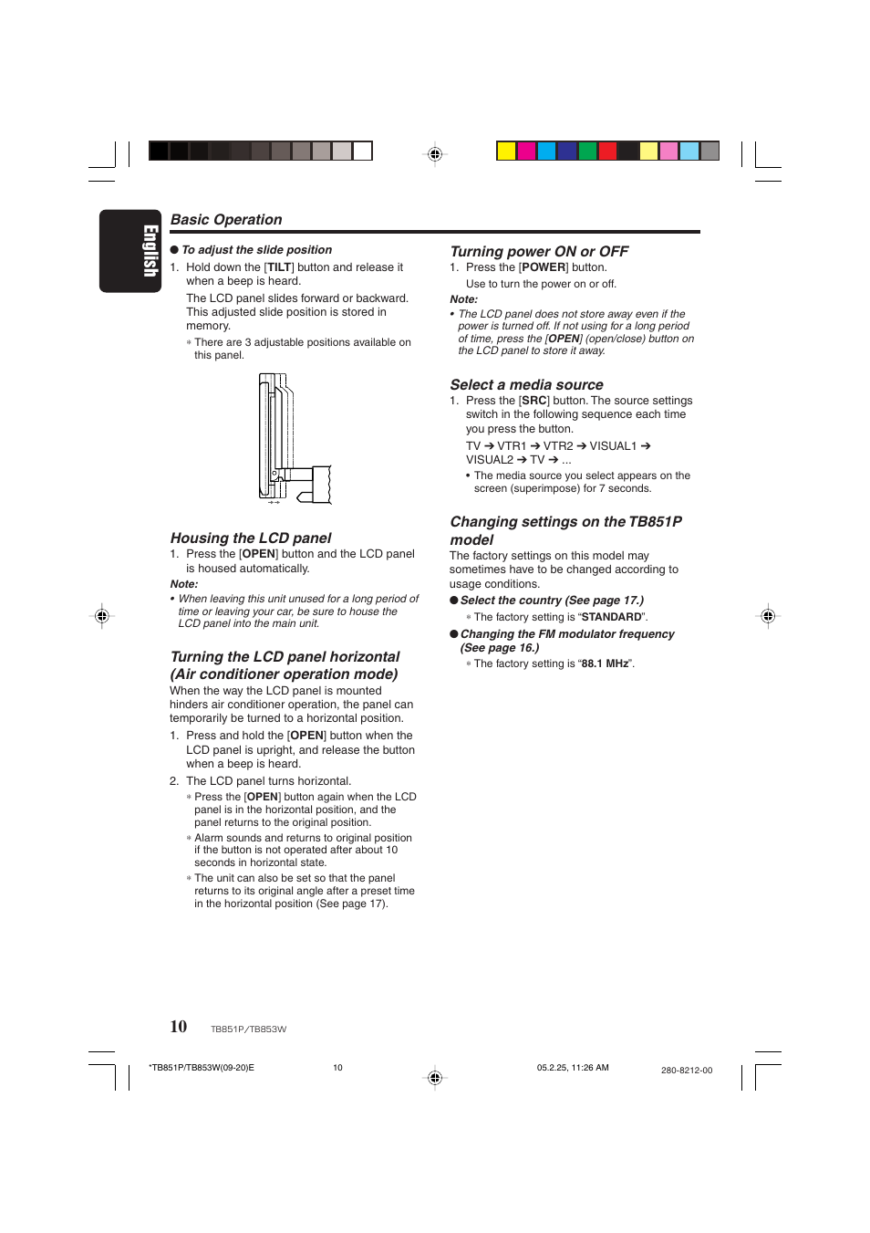 English, Housing the lcd panel, Basic operation turning power on or off | Select a media source, Changing settings on the tb851p model | Clarion TB851P User Manual | Page 8 / 27