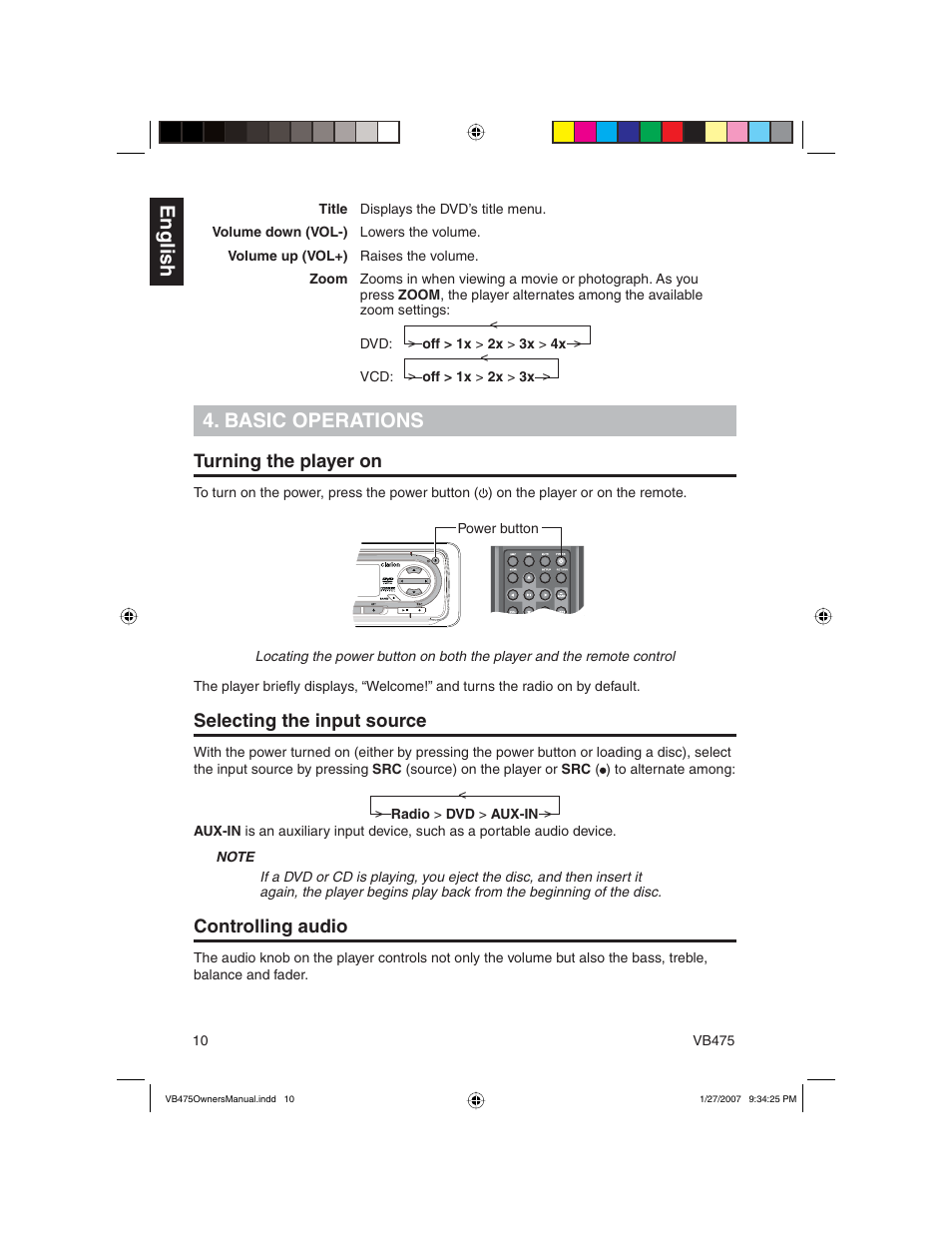 English, Basic operations, Turning the player on | Selecting the input source, Controlling audio | Clarion VB475 User Manual | Page 10 / 44
