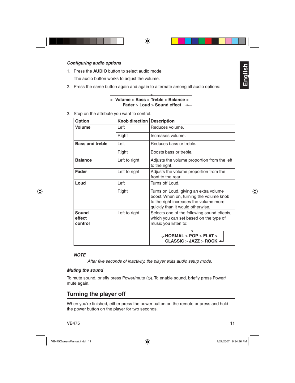 En g lish, Turning the player off | Clarion VB475 User Manual | Page 11 / 44