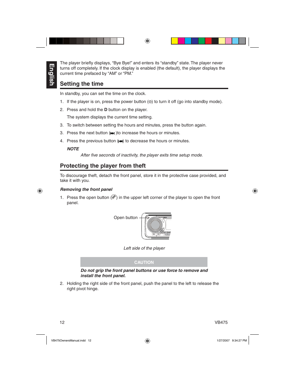 English, Setting the time, Protecting the player from theft | Clarion VB475 User Manual | Page 12 / 44