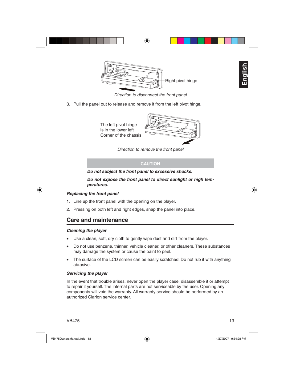 En g lish, Care and maintenance | Clarion VB475 User Manual | Page 13 / 44