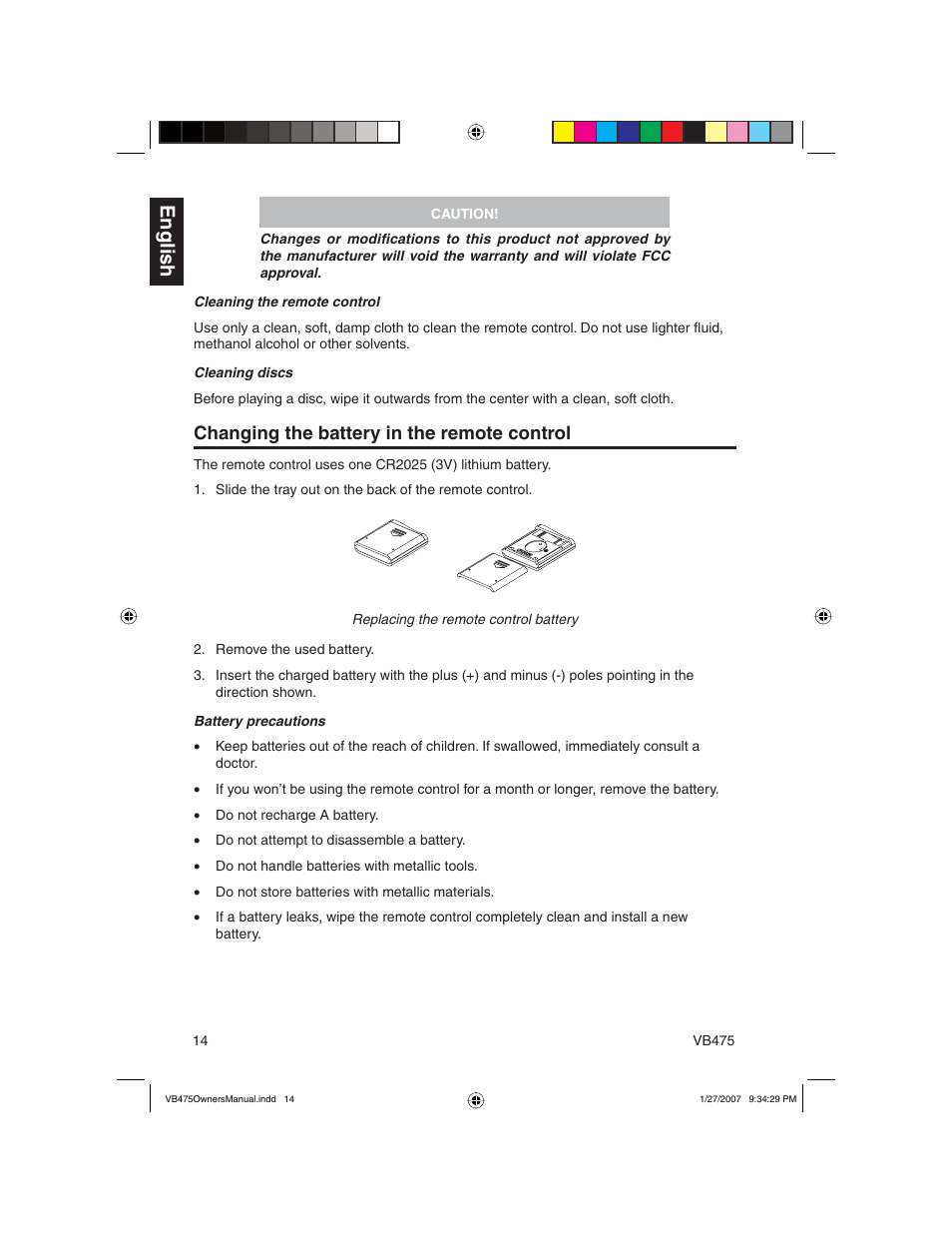 English, Changing the battery in the remote control | Clarion VB475 User Manual | Page 14 / 44