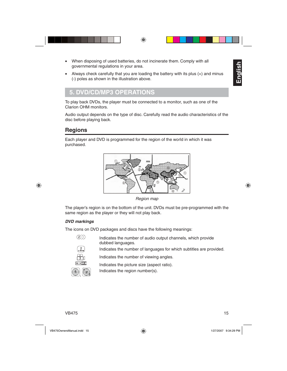 En g lish, Dvd/cd/mp3 operations, Regions | Clarion VB475 User Manual | Page 15 / 44