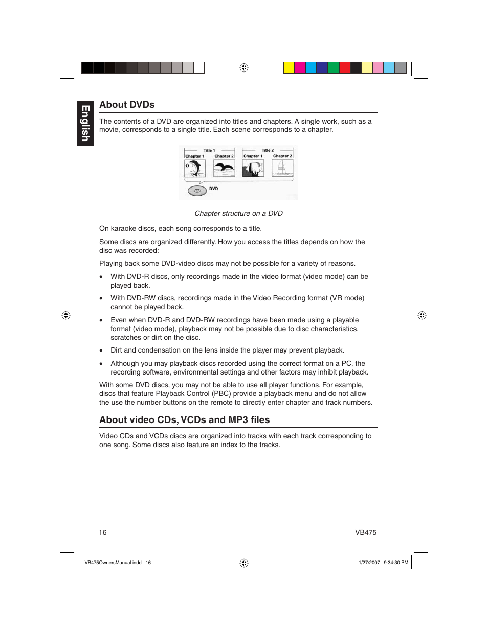 English, About dvds, About video cds, vcds and mp3 fi les | Clarion VB475 User Manual | Page 16 / 44