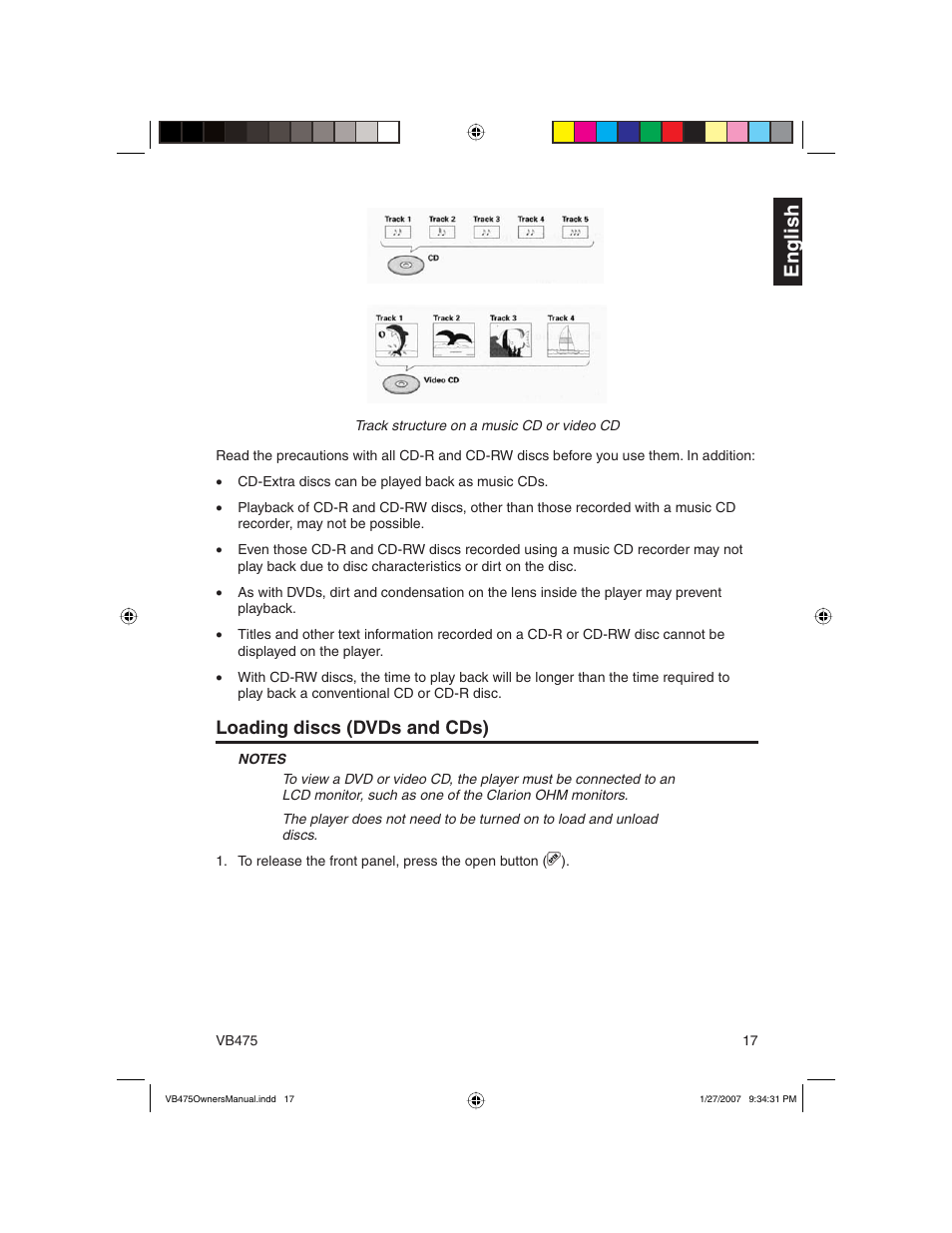 En g lish, Loading discs (dvds and cds) | Clarion VB475 User Manual | Page 17 / 44