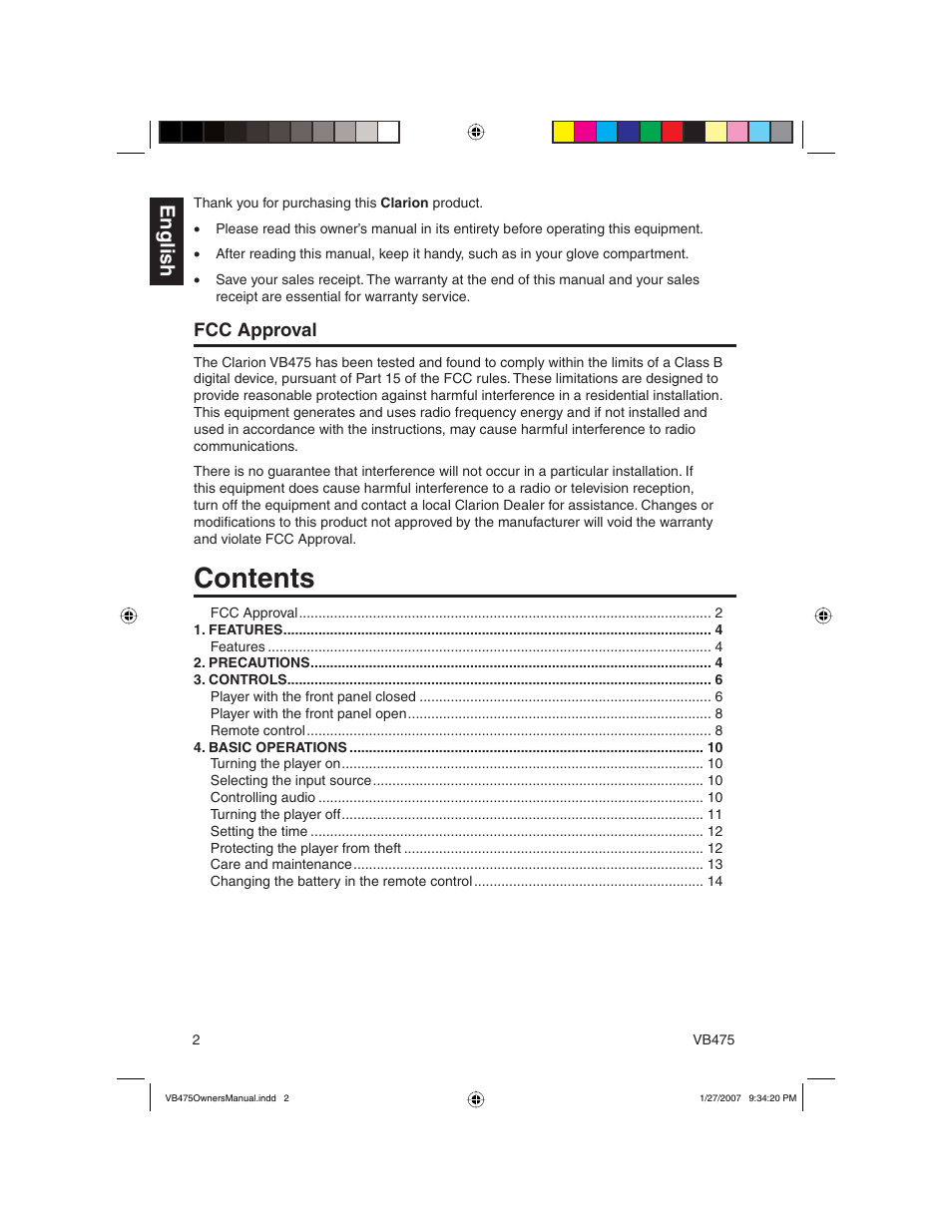 Clarion VB475 User Manual | Page 2 / 44