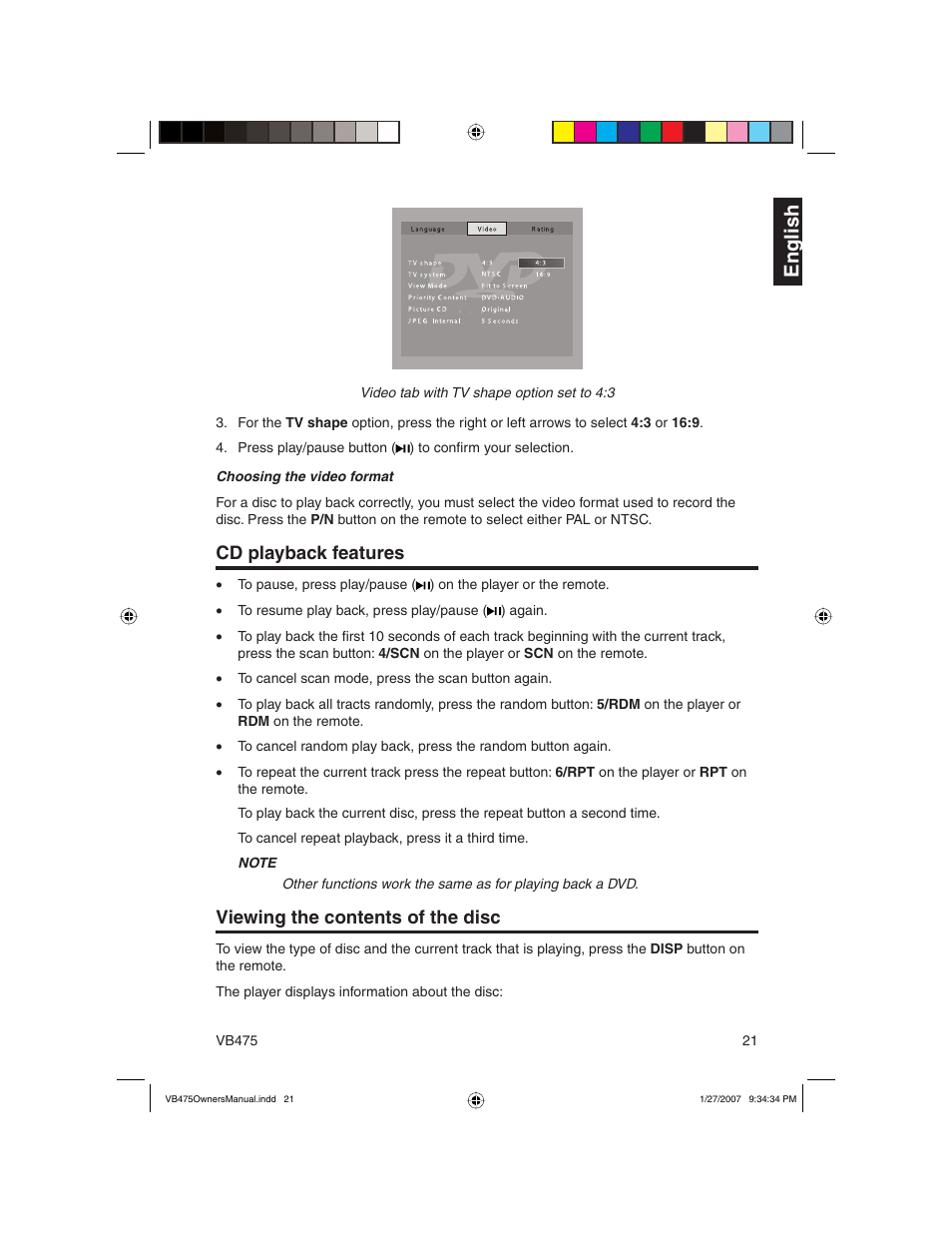 En g lish, Cd playback features, Viewing the contents of the disc | Clarion VB475 User Manual | Page 21 / 44
