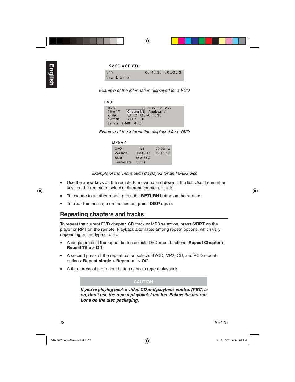 English, Repeating chapters and tracks | Clarion VB475 User Manual | Page 22 / 44