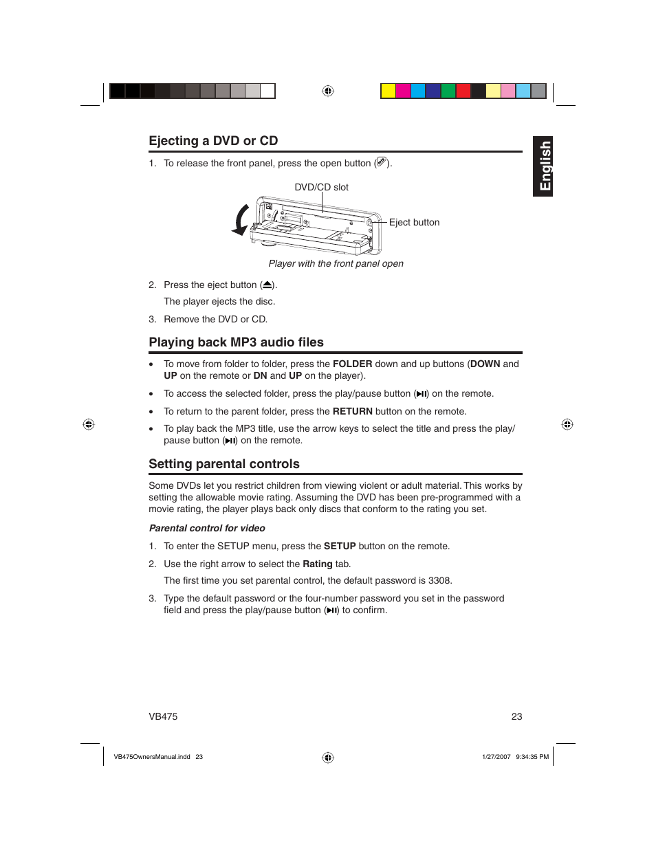 En g lish, Ejecting a dvd or cd, Playing back mp3 audio fi les | Setting parental controls | Clarion VB475 User Manual | Page 23 / 44