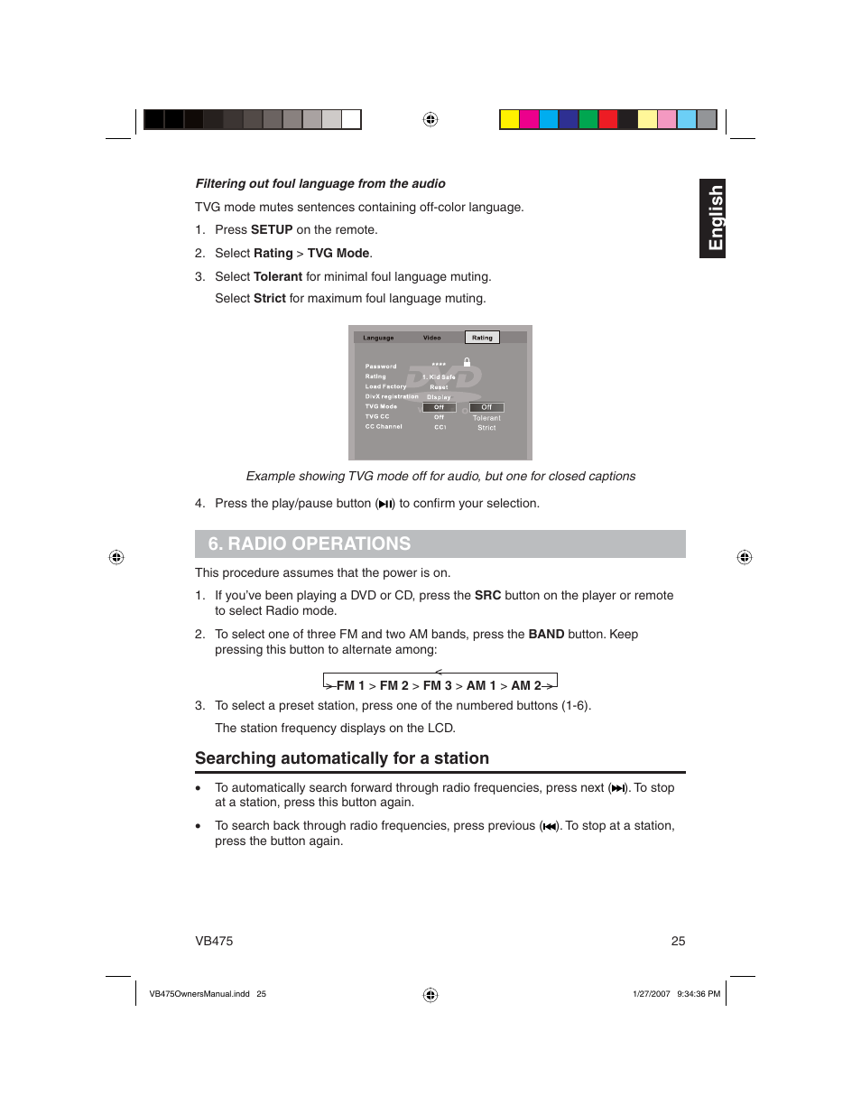 En g lish, Radio operations, Searching automatically for a station | Clarion VB475 User Manual | Page 25 / 44