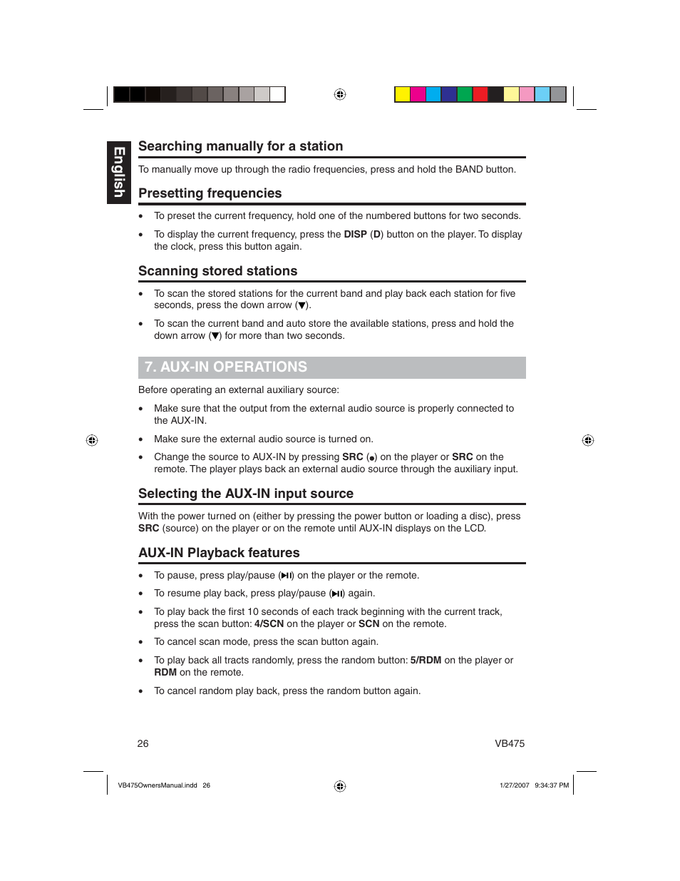 English, Aux-in operations, Searching manually for a station | Presetting frequencies, Scanning stored stations, Selecting the aux-in input source, Aux-in playback features | Clarion VB475 User Manual | Page 26 / 44