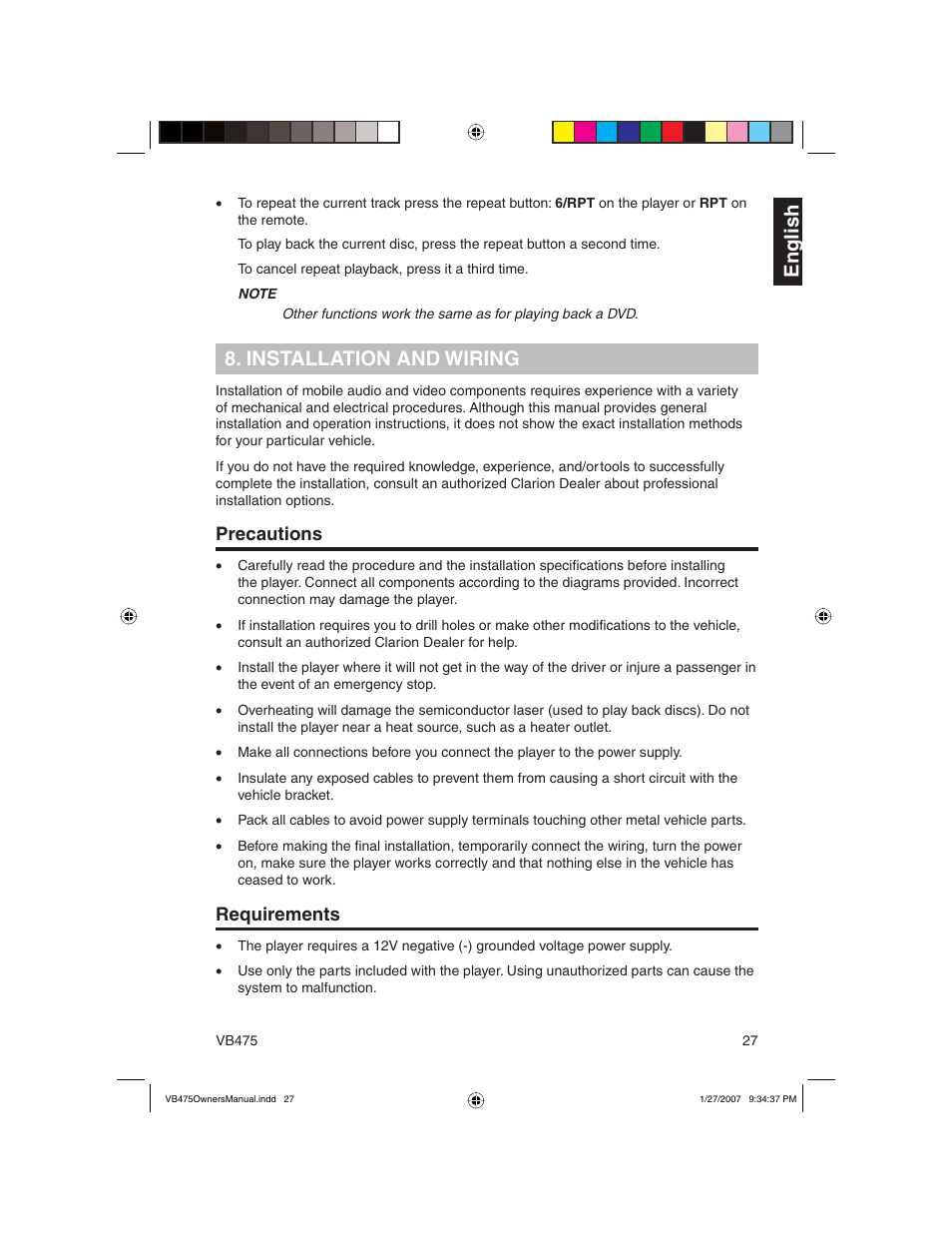 En g lish, Installation and wiring, Precautions | Requirements | Clarion VB475 User Manual | Page 27 / 44