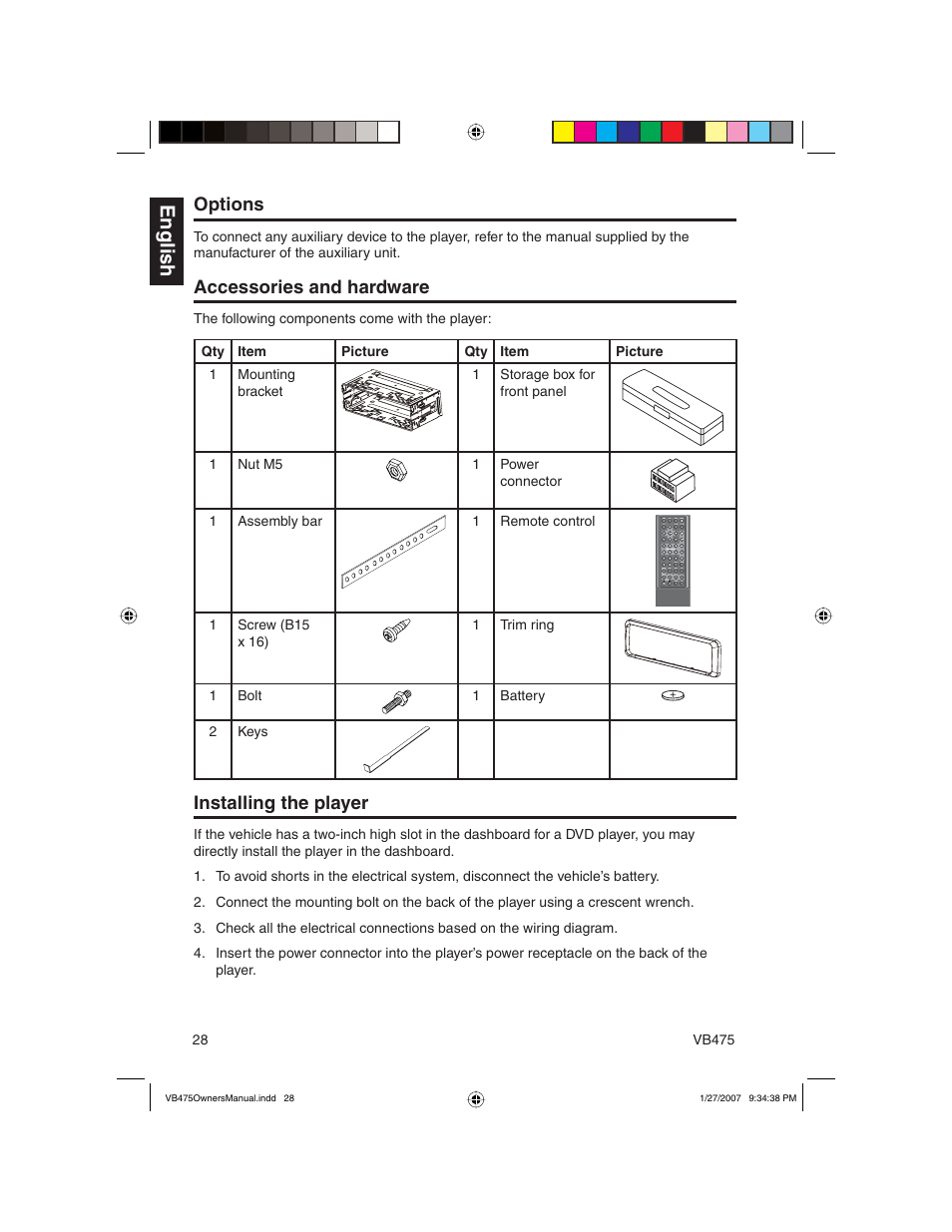 English, Options, Accessories and hardware | Installing the player | Clarion VB475 User Manual | Page 28 / 44
