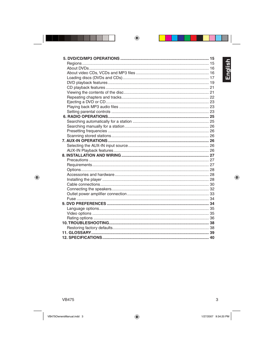 En g lish | Clarion VB475 User Manual | Page 3 / 44