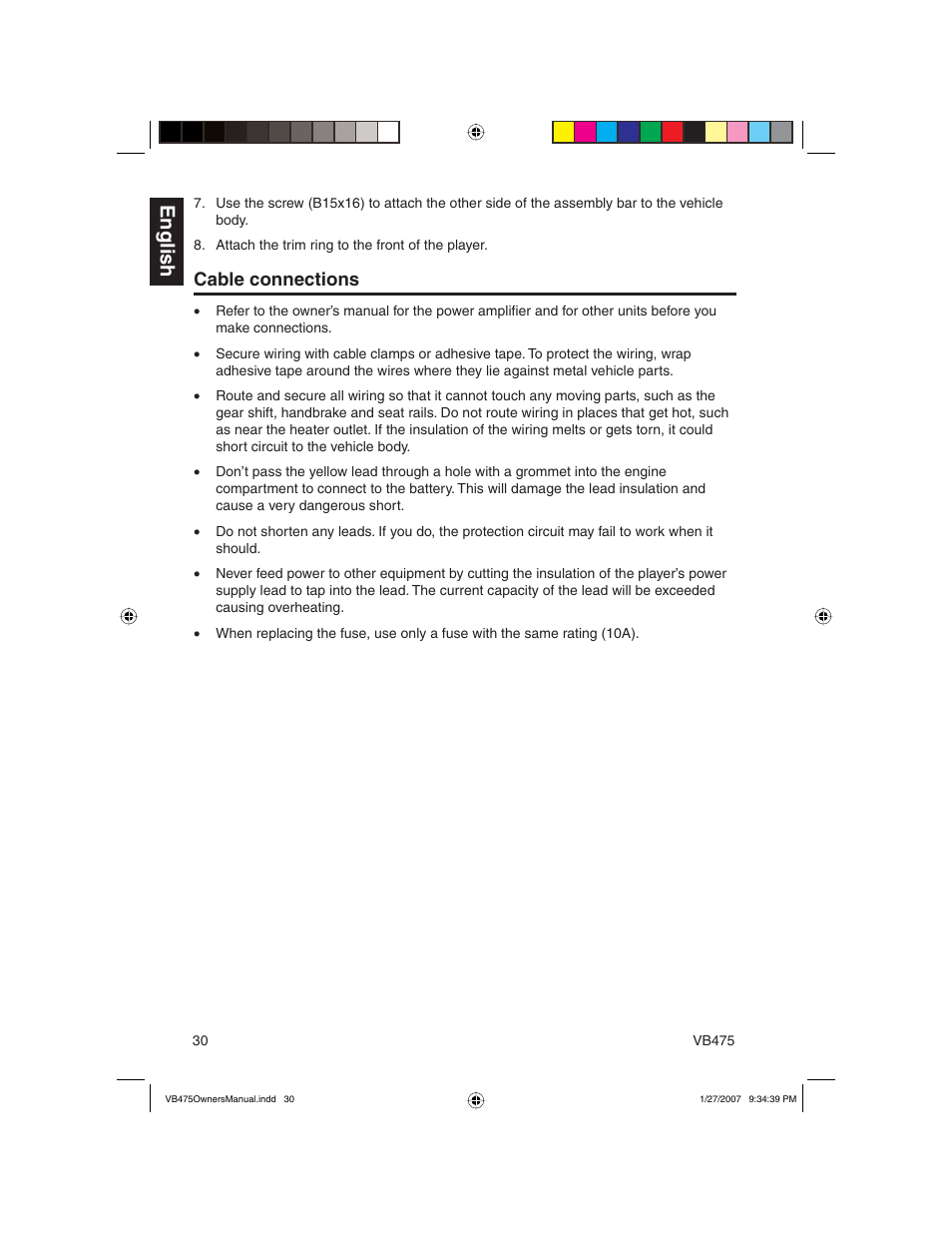 English, Cable connections | Clarion VB475 User Manual | Page 30 / 44