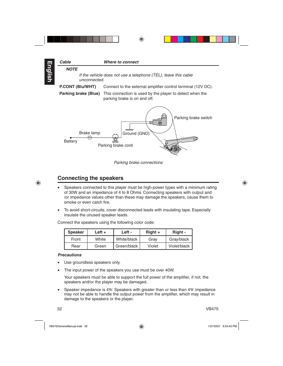 English, Connecting the speakers | Clarion VB475 User Manual | Page 32 / 44
