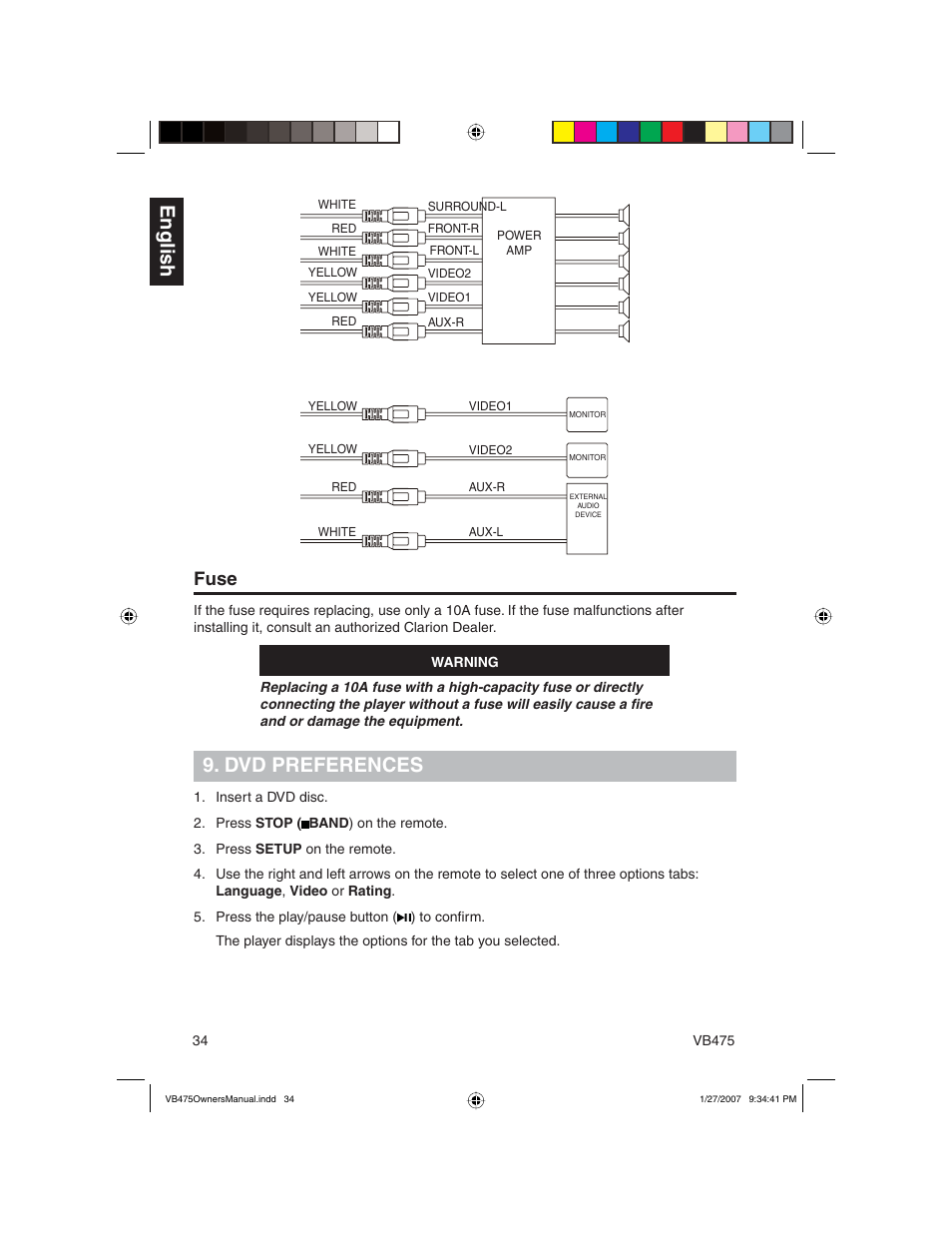 English, Dvd preferences, Fuse | Clarion VB475 User Manual | Page 34 / 44