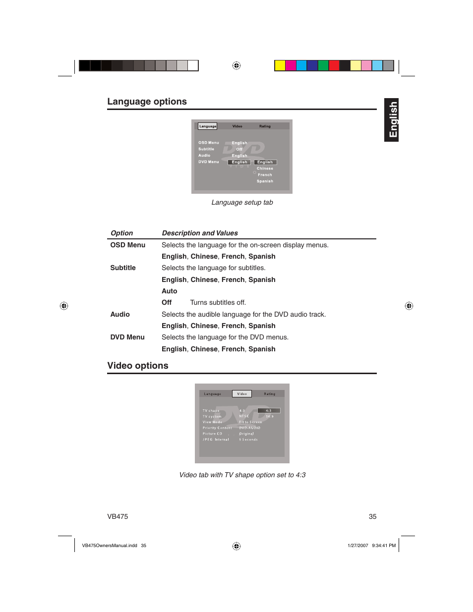 En g lish, Language options, Video options | Clarion VB475 User Manual | Page 35 / 44