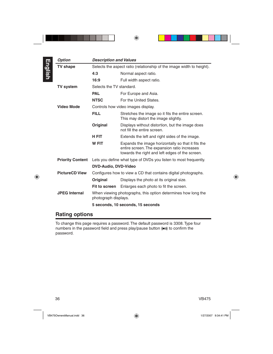 English, Rating options | Clarion VB475 User Manual | Page 36 / 44