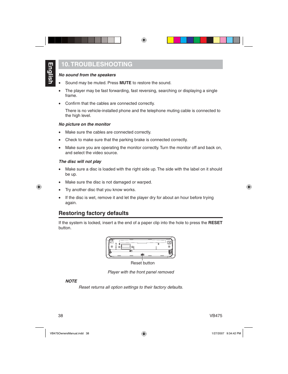English 10. troubleshooting, Restoring factory defaults | Clarion VB475 User Manual | Page 38 / 44