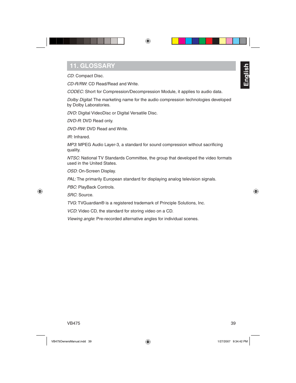 En g lish 11. glossary | Clarion VB475 User Manual | Page 39 / 44