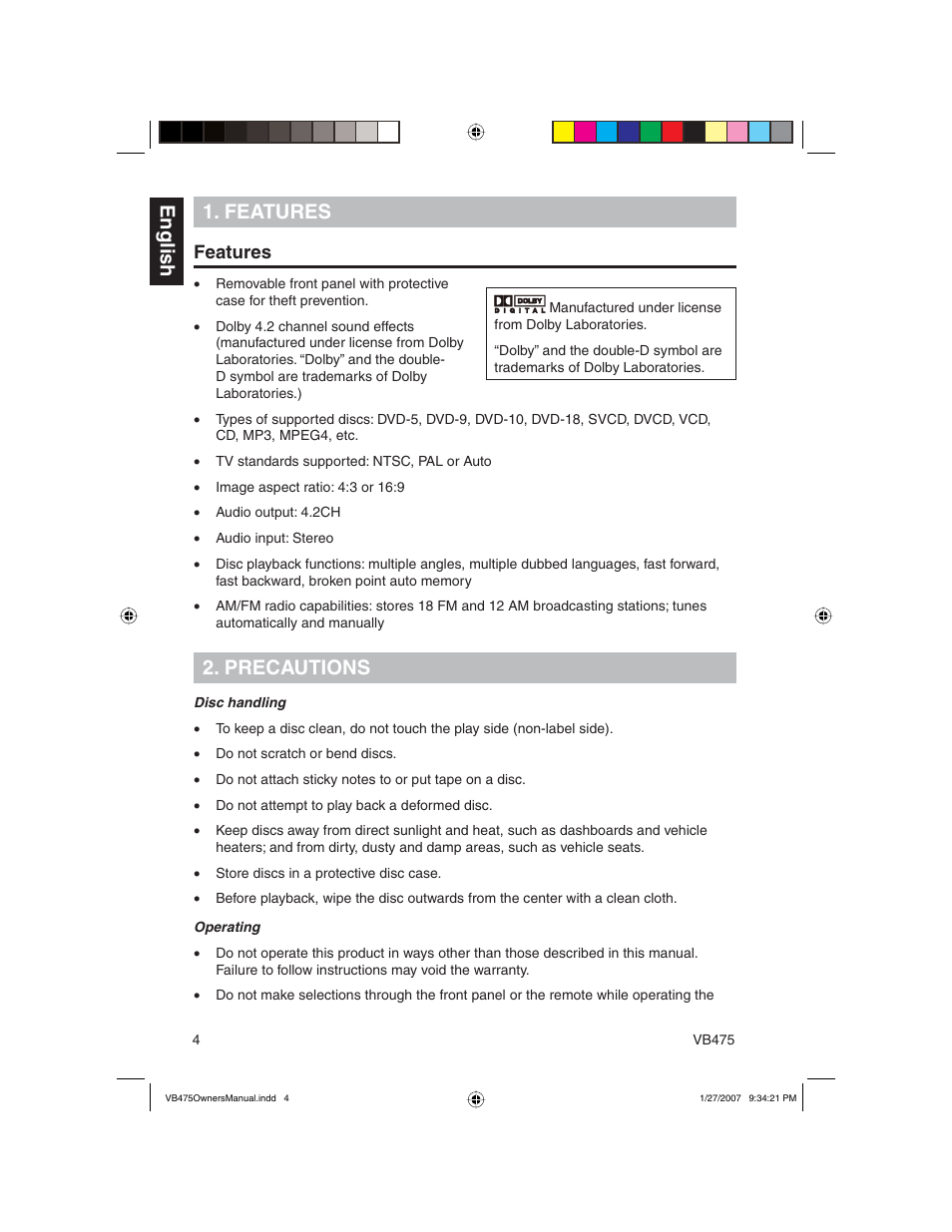 English 1. features, Precautions, Features | Clarion VB475 User Manual | Page 4 / 44