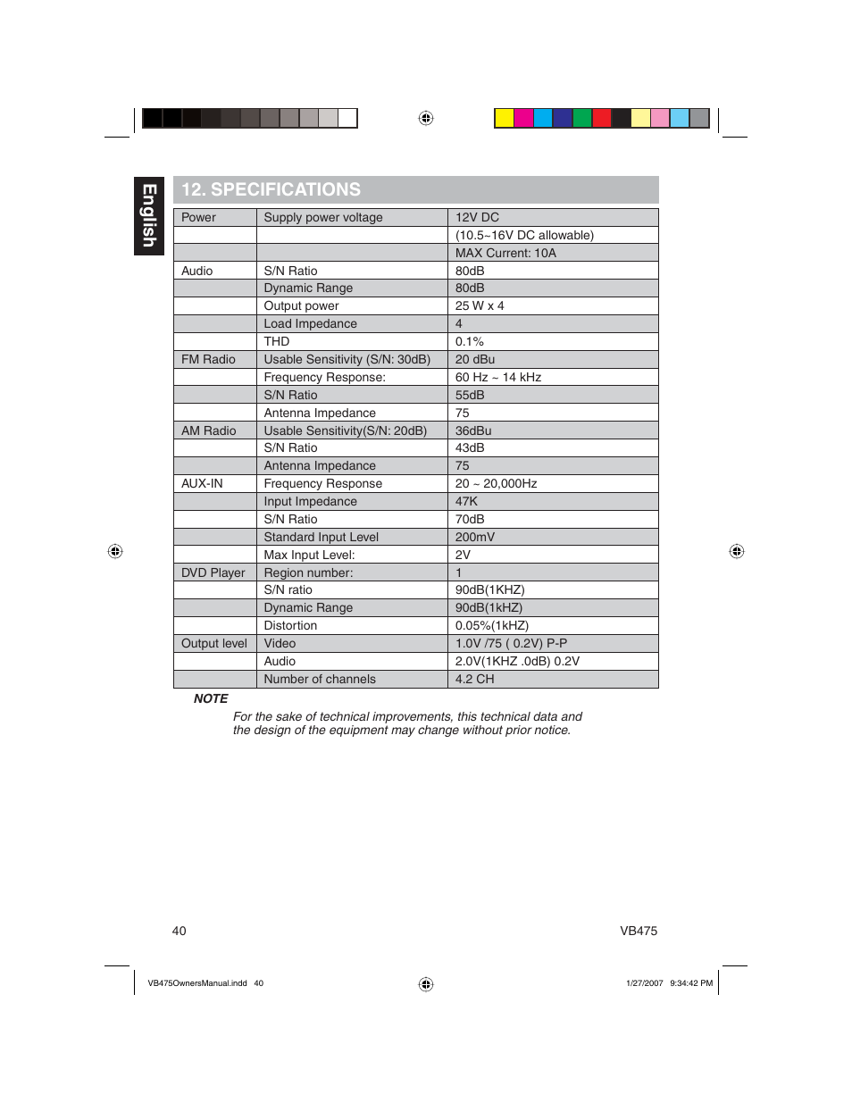 English 12. specifications | Clarion VB475 User Manual | Page 40 / 44