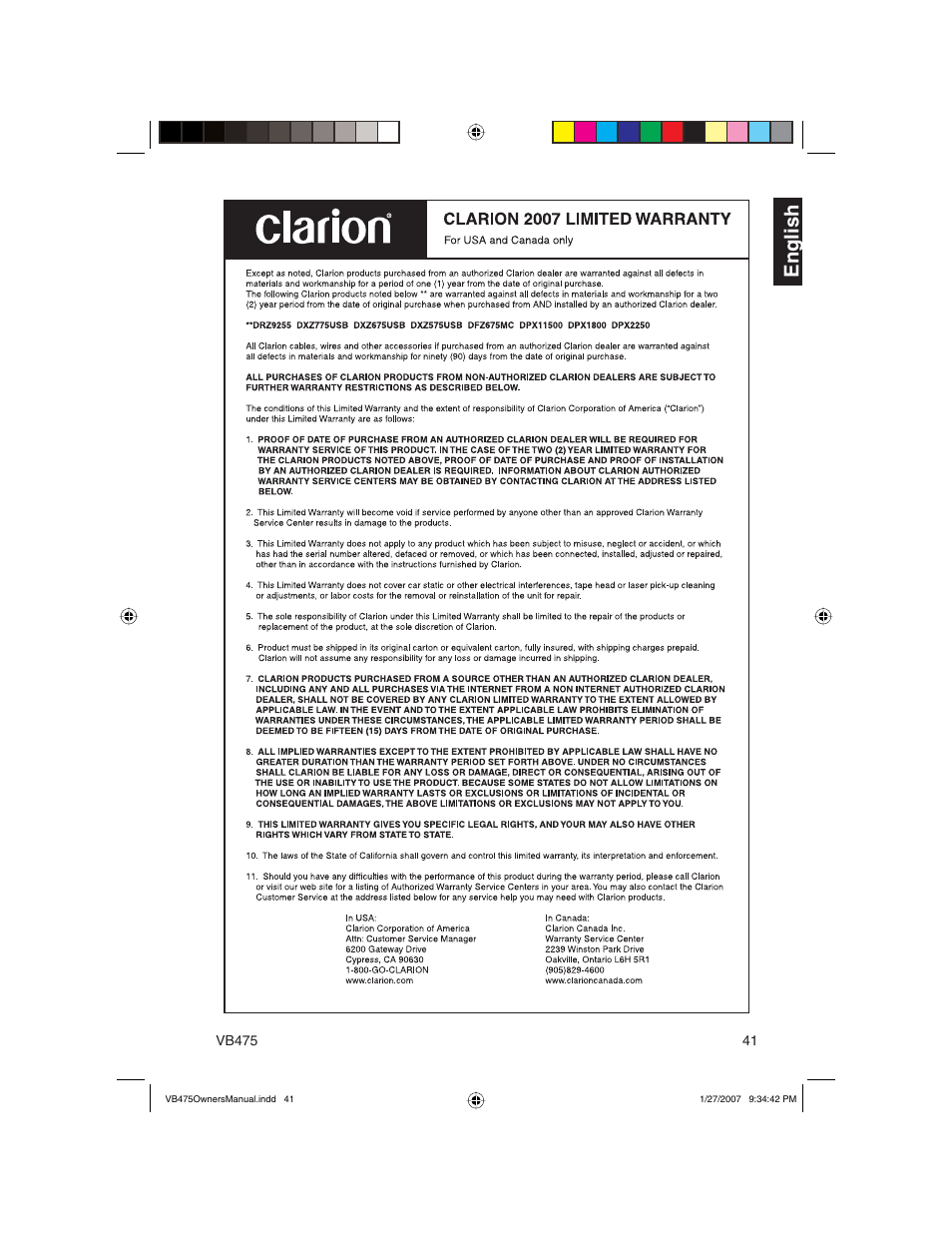 En g lish | Clarion VB475 User Manual | Page 41 / 44