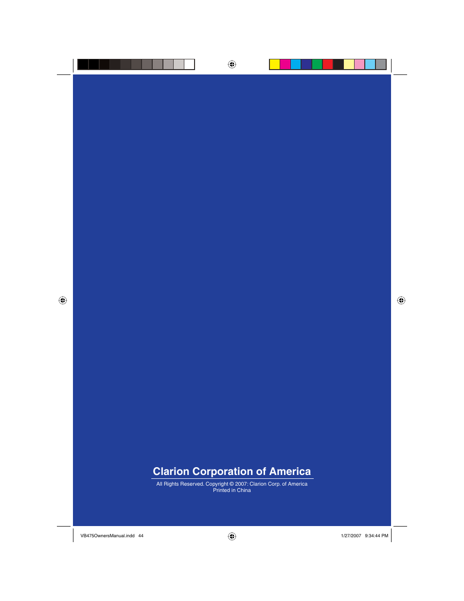 Clarion corporation of america, English | Clarion VB475 User Manual | Page 44 / 44
