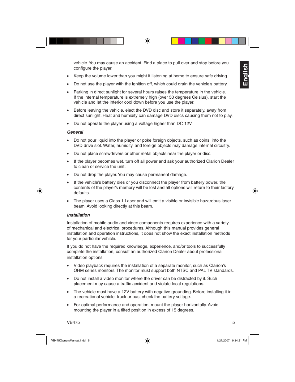 En g lish | Clarion VB475 User Manual | Page 5 / 44