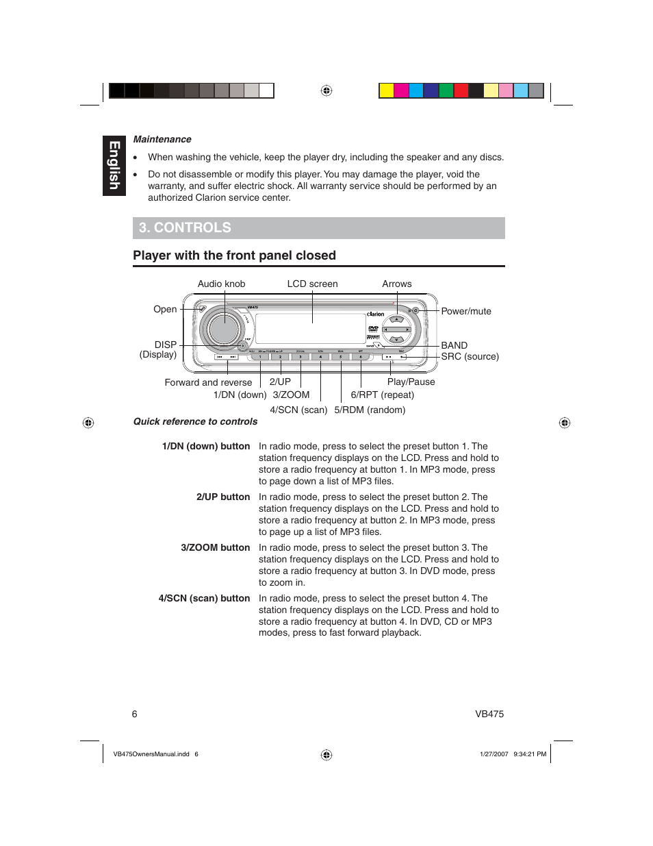 English, Controls, Player with the front panel closed | Clarion VB475 User Manual | Page 6 / 44