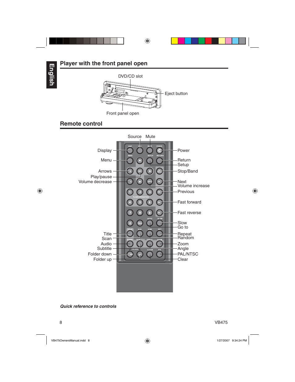 English, Player with the front panel open, Remote control | Clarion VB475 User Manual | Page 8 / 44