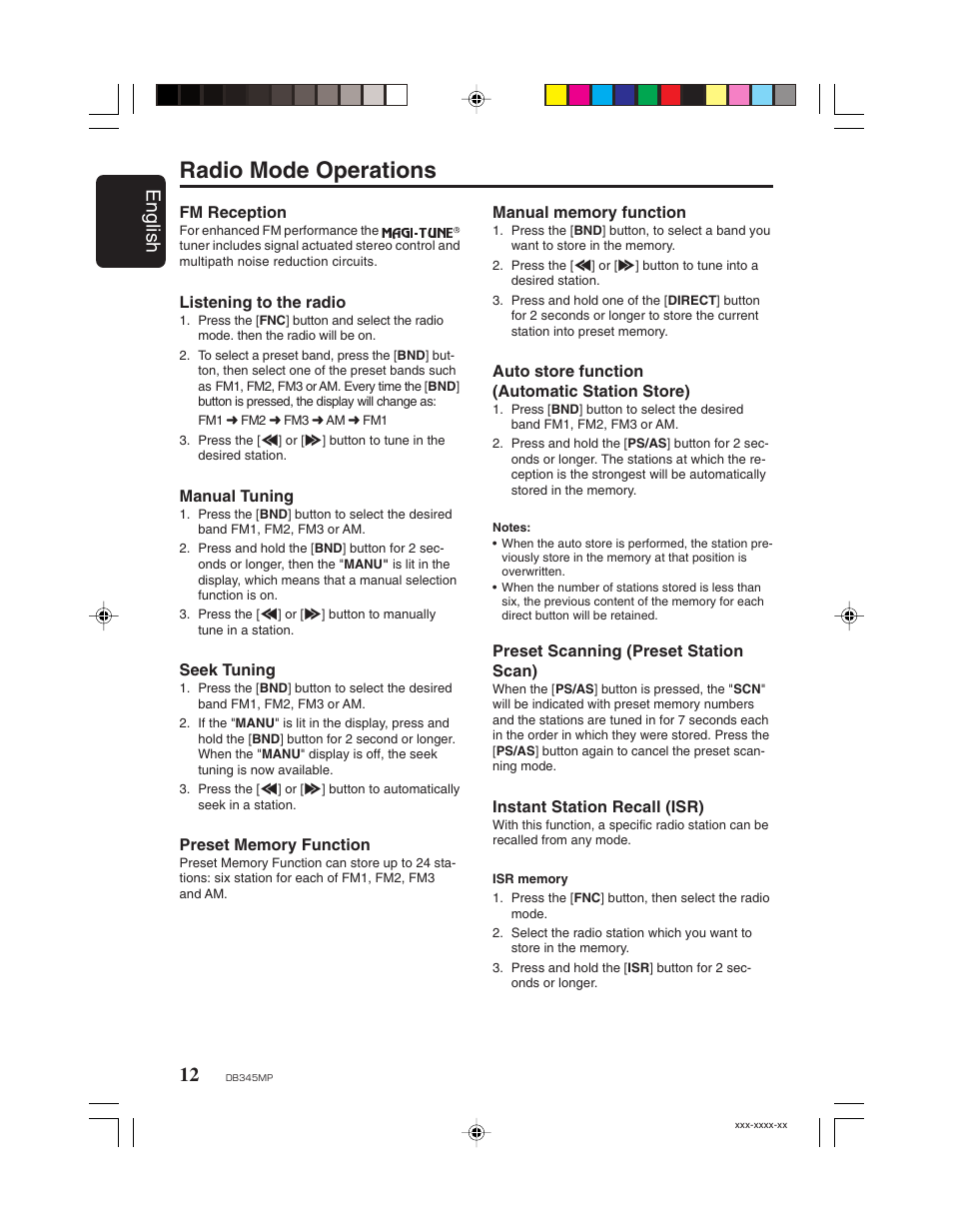 Radio mode operations, English | Clarion DB345MP User Manual | Page 11 / 20