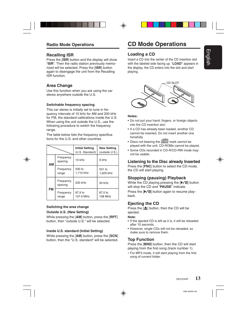 Cd mode operations, 13 english | Clarion DB345MP User Manual | Page 12 / 20