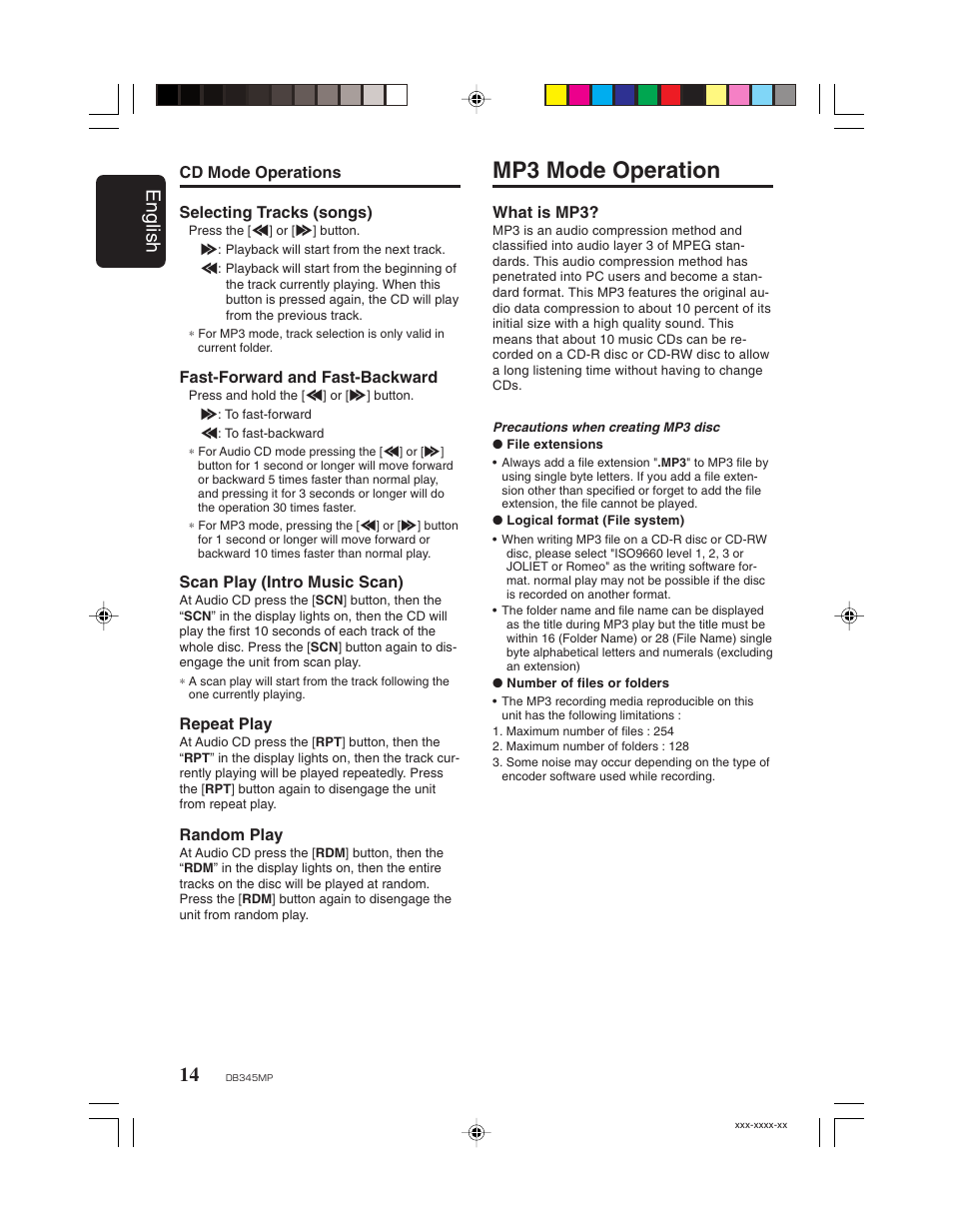 Mp3 mode operation, English | Clarion DB345MP User Manual | Page 13 / 20