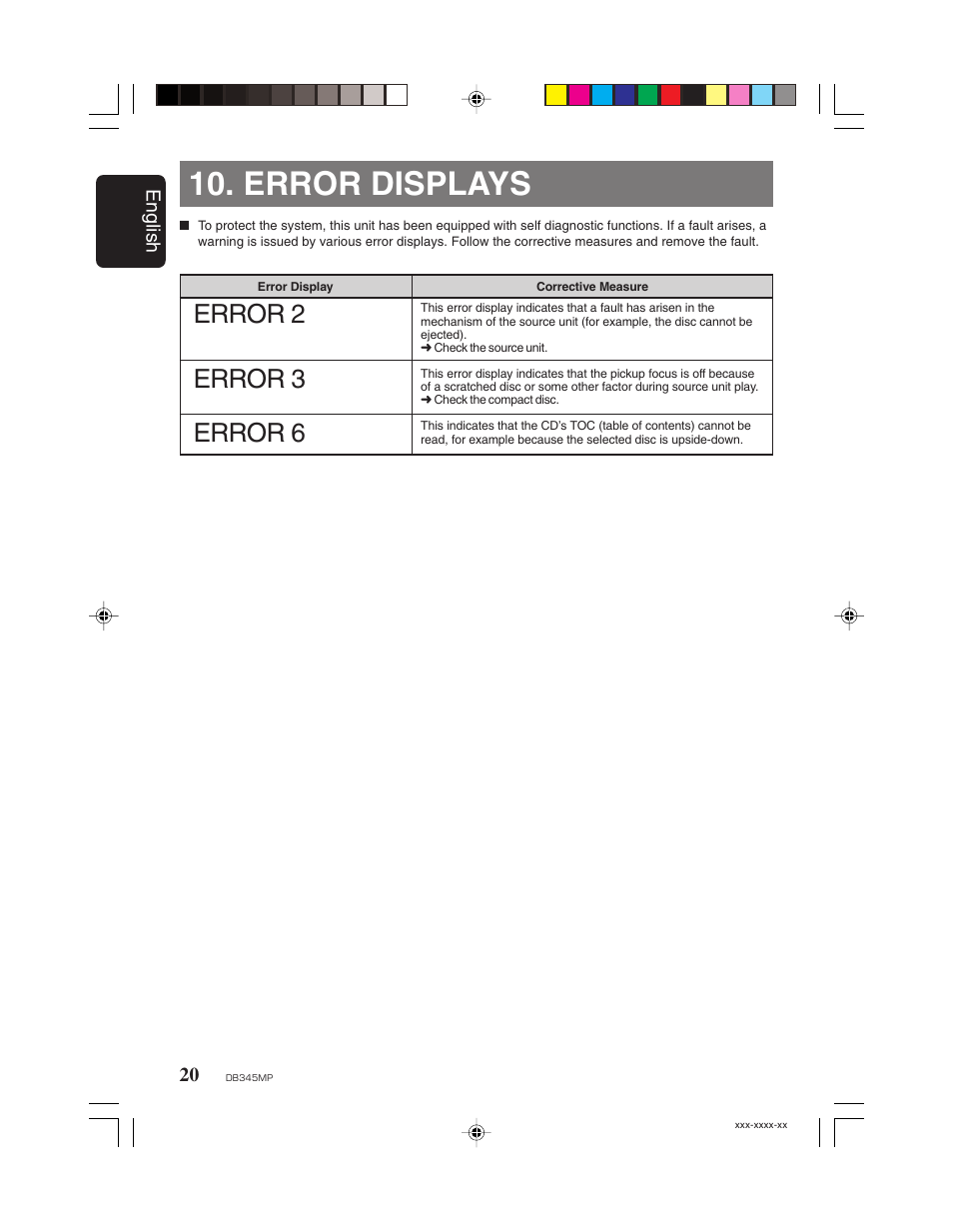 Error displays, Error 2, Error 3 error 6 | Clarion DB345MP User Manual | Page 19 / 20