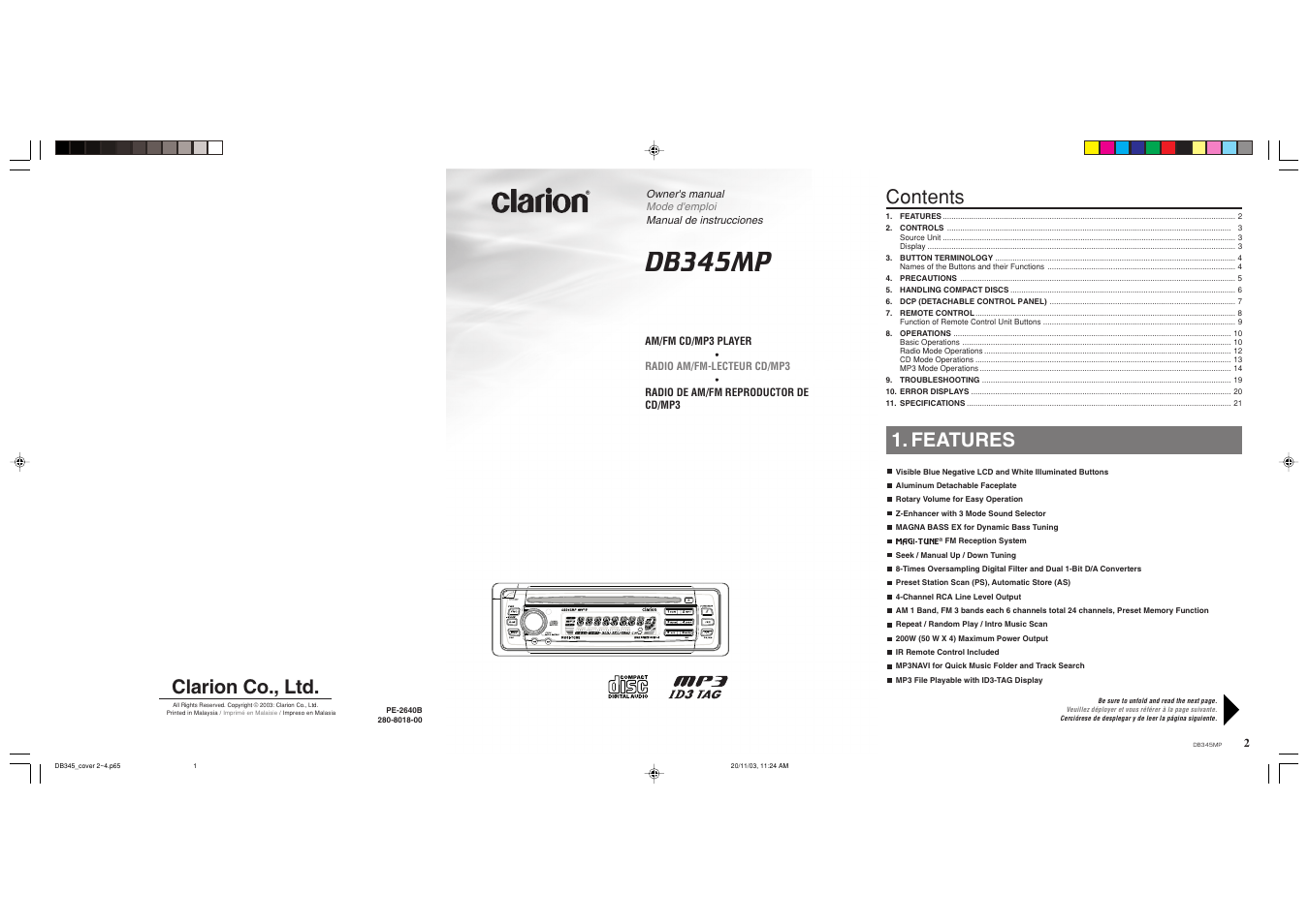 Clarion DB345MP User Manual | Page 2 / 20