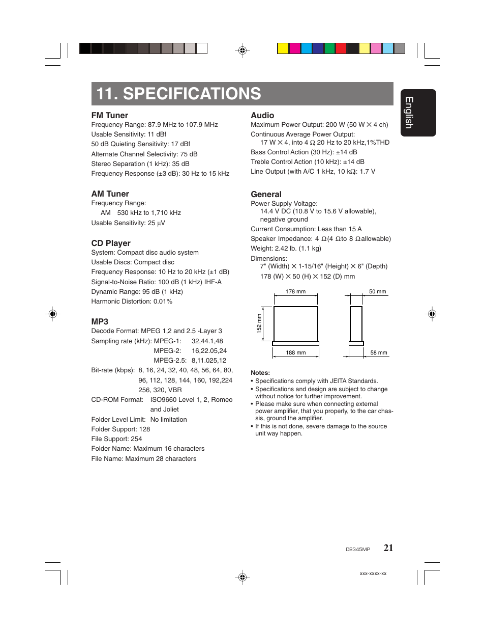 Specifications, 21 english | Clarion DB345MP User Manual | Page 20 / 20