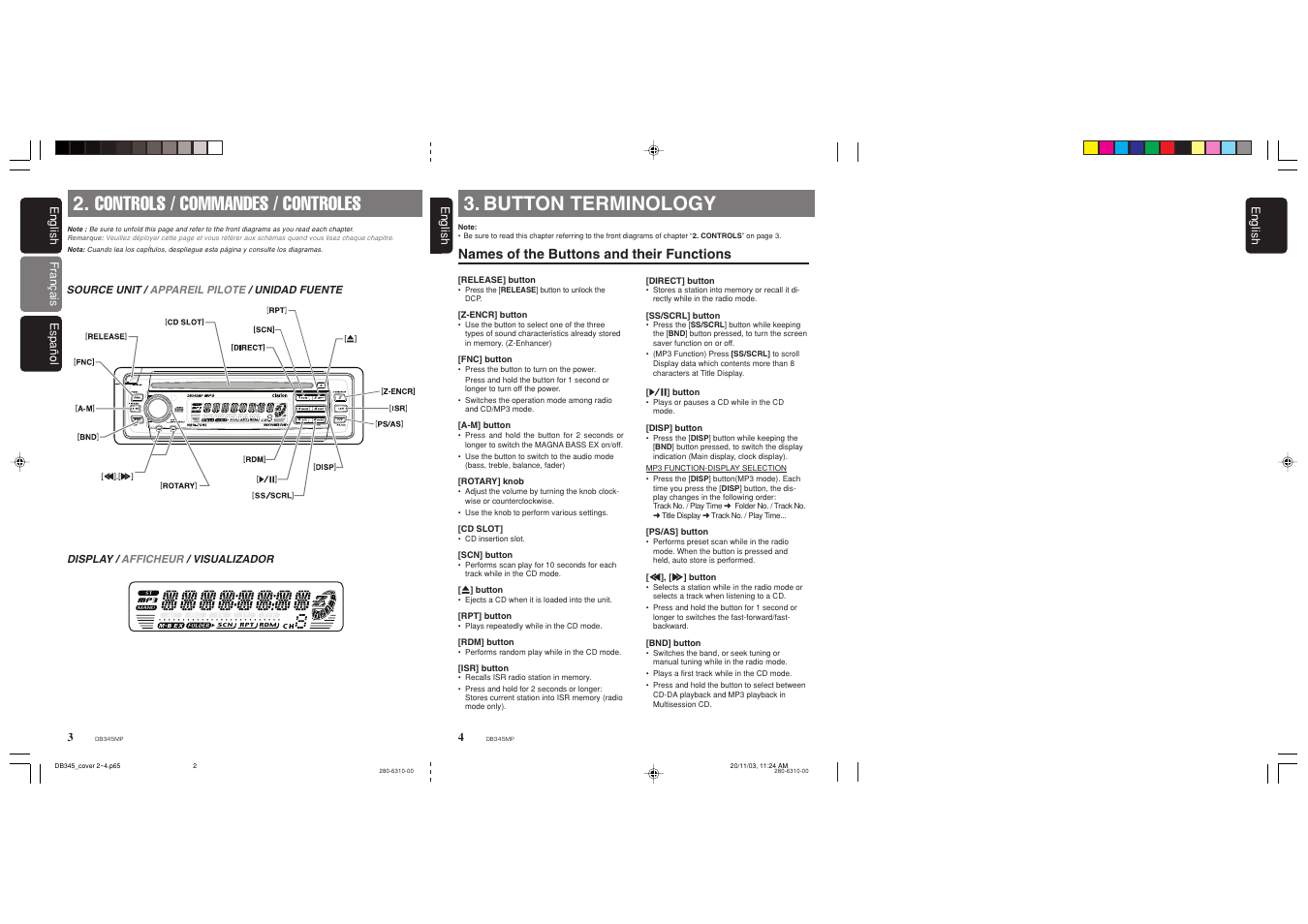 Controls, Button terminology, Names of the buttons and their functions | Controls / commandes / controles, English français english english español | Clarion DB345MP User Manual | Page 3 / 20