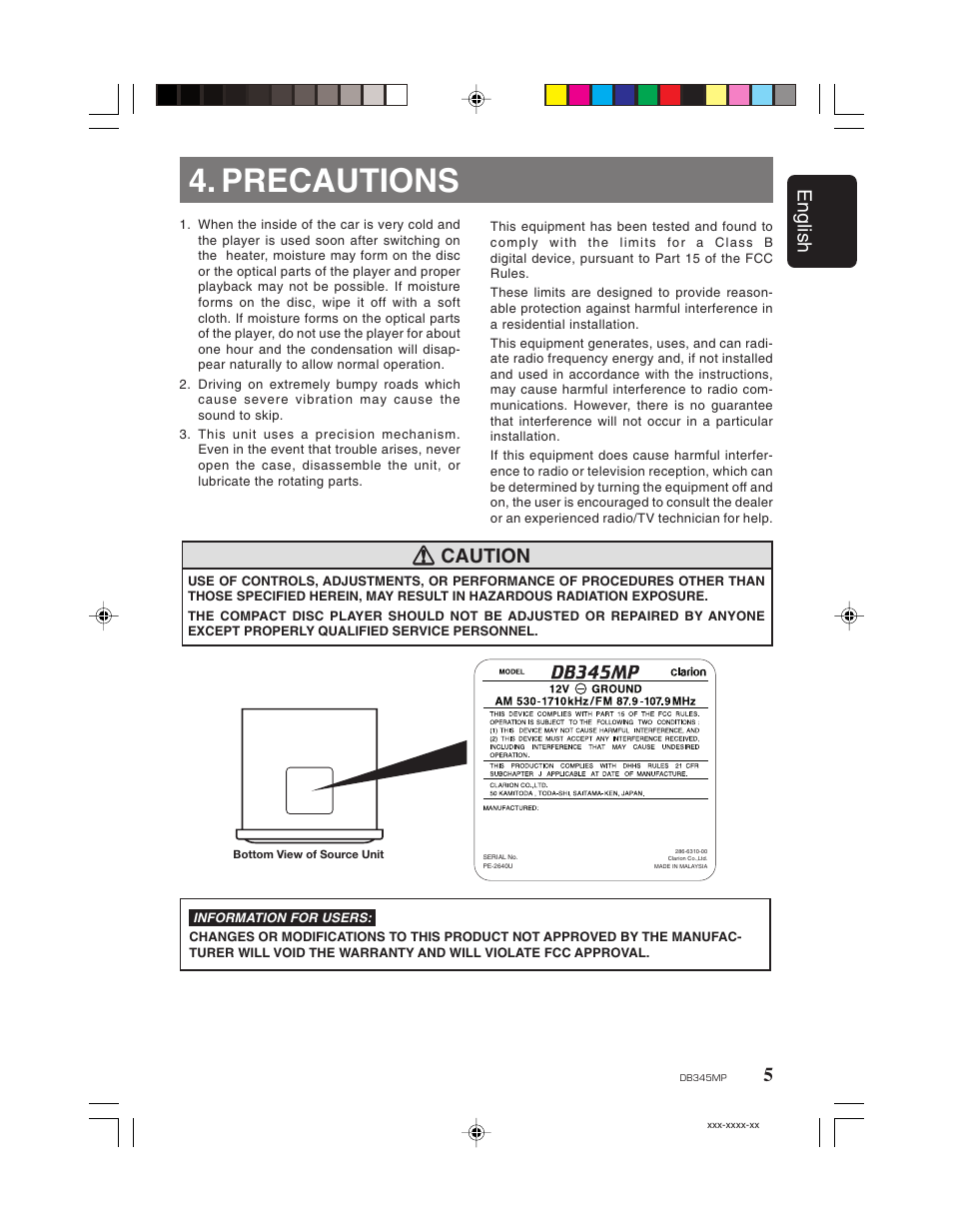 Precautions, 5english, Caution | Clarion DB345MP User Manual | Page 4 / 20