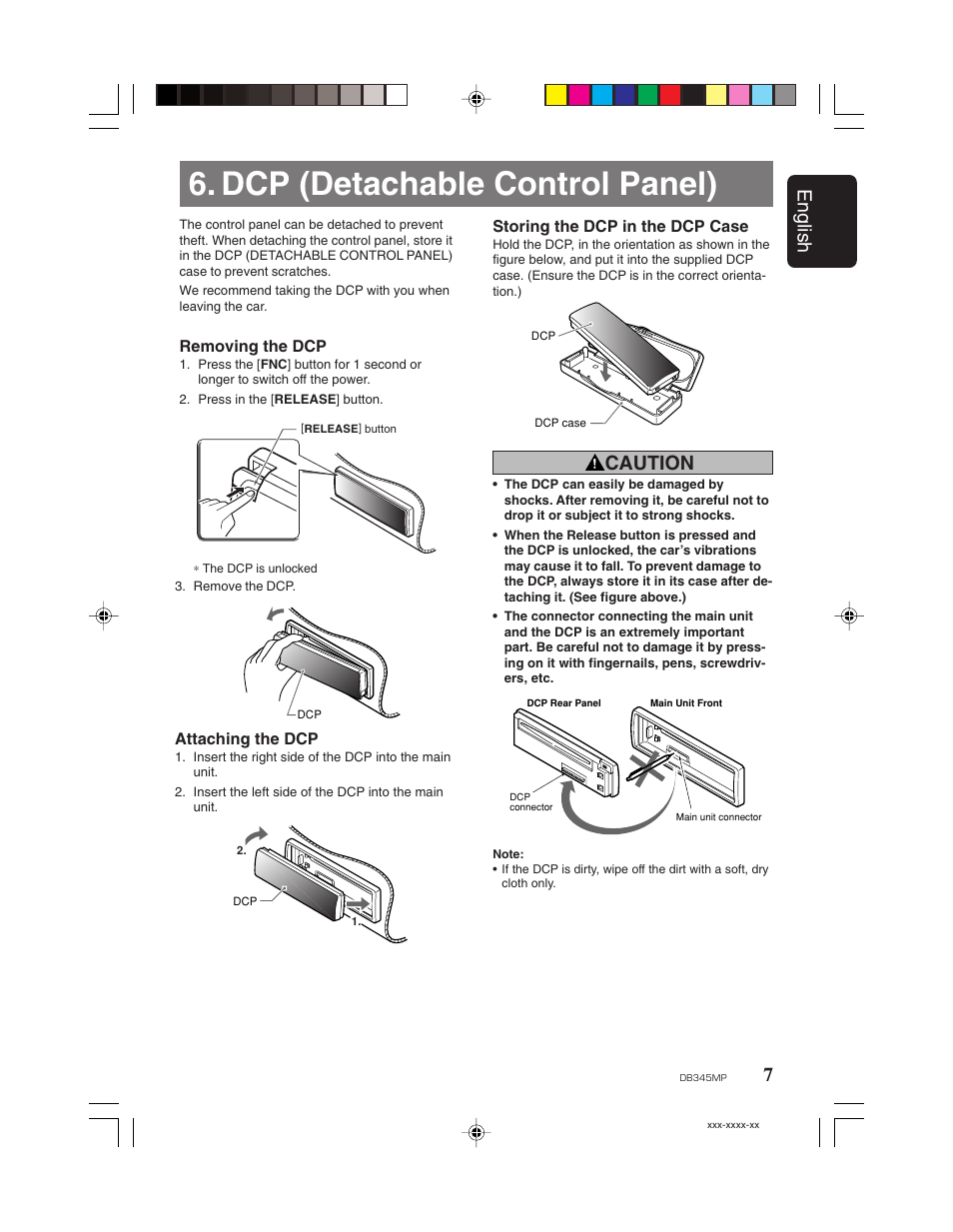 Dcp (detachable control panel), 7english, Caution | Clarion DB345MP User Manual | Page 6 / 20