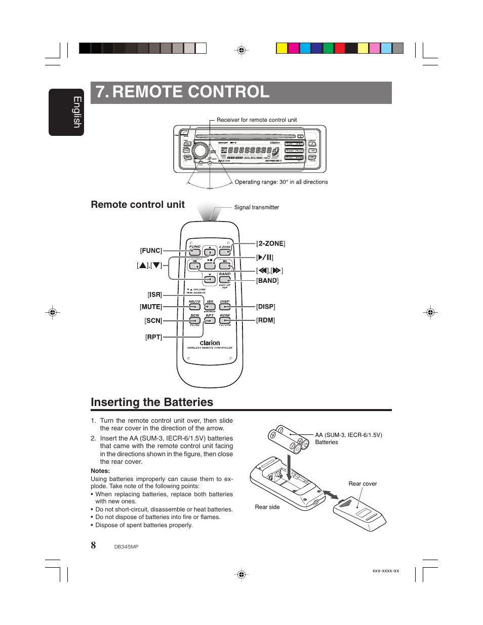 Remote control, Inserting the batteries, English | Remote control unit | Clarion DB345MP User Manual | Page 7 / 20